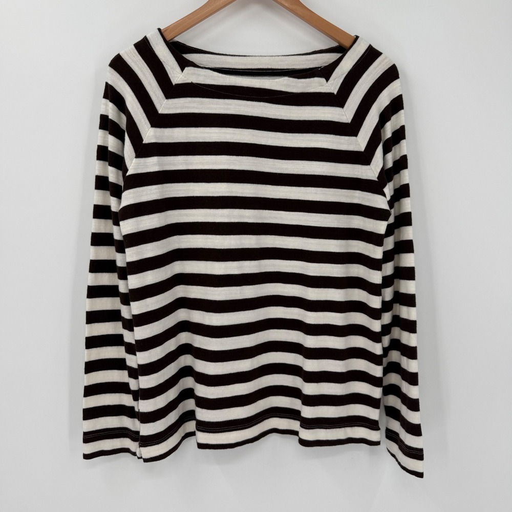 NWT LOFT Brown Ivory Striped Square Neck Long Sleeve Cotton Top Medium